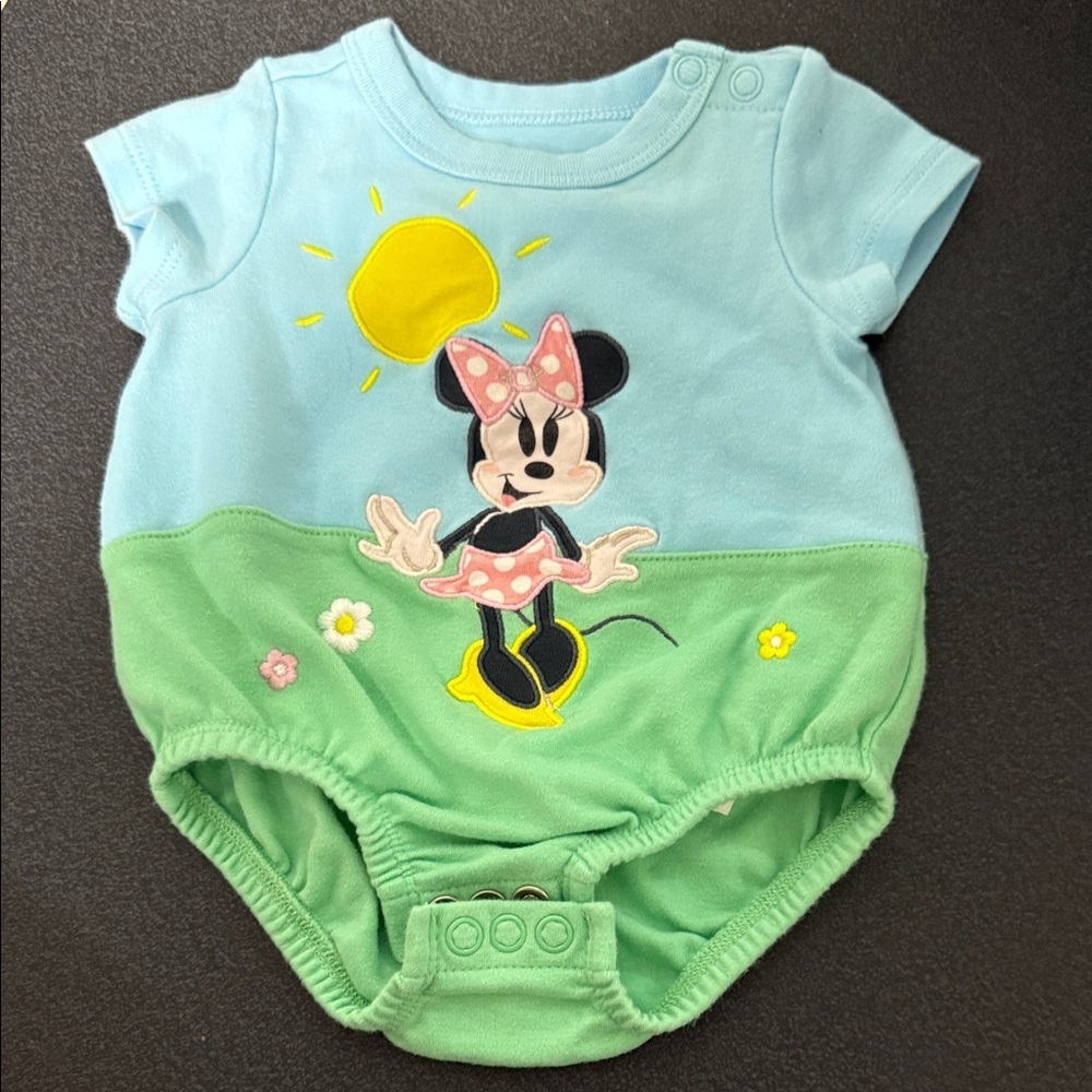 Disney Minnie Mouse Light Blue and Green Baby One-Piece
